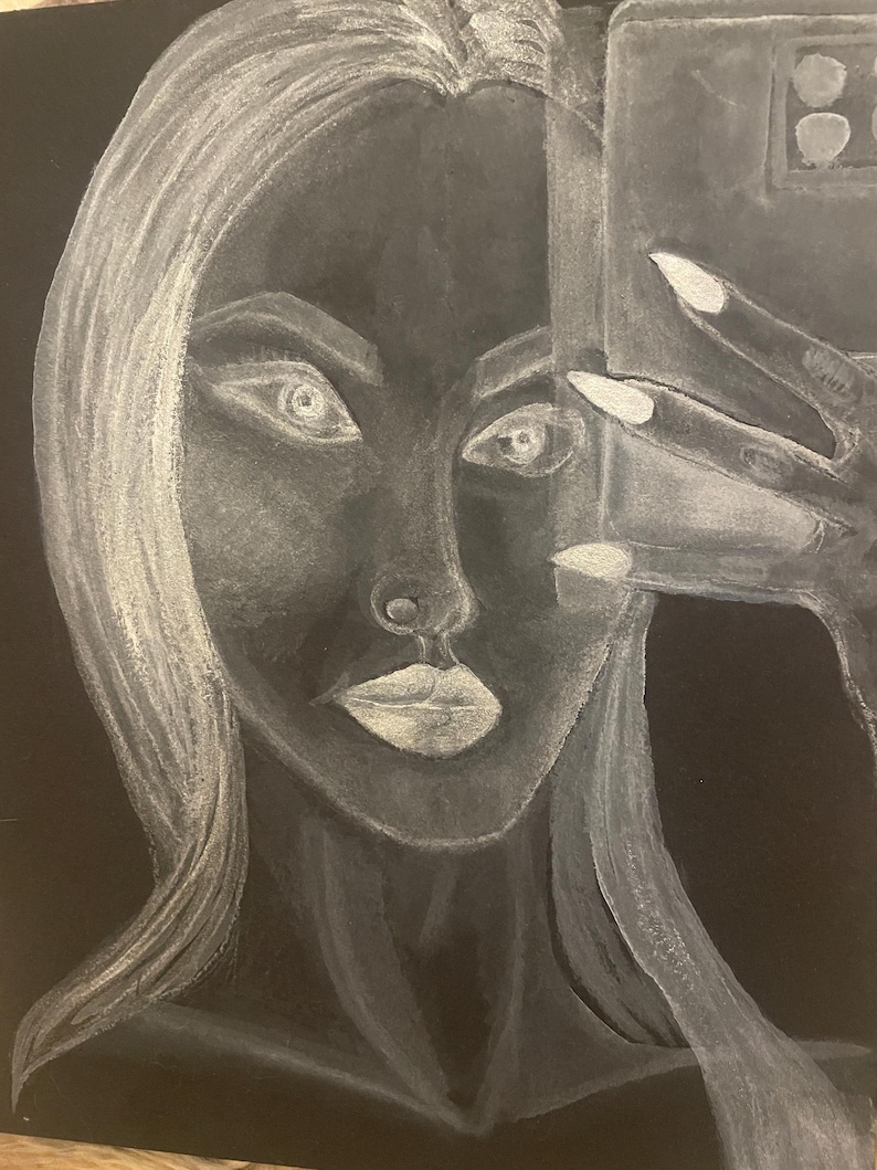 May include: A black and white drawing of a person taking a selfie with a smartphone. The person's face is visible, and they are looking at the camera. The drawing is done in a realistic style.