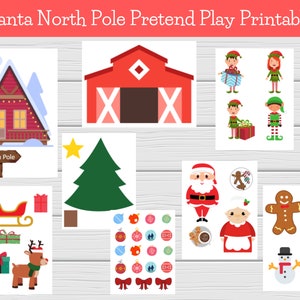 May include: Printable Christmas-themed pretend play set with images of a red cabin, a red barn, a Christmas tree, a sleigh, a reindeer, Santa Claus, elves, gingerbread people, and snowmen. The set also includes ornaments, bows, and other festive decorations.
