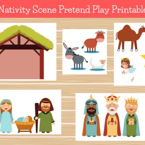 May include: Printable Nativity scene play set with a manger, animals, three wise men, Mary, Joseph, and baby Jesus. The set includes a donkey, cow, camel, sheep, a star, and an angel.