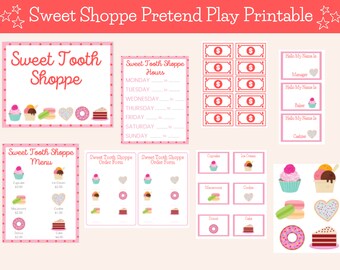 Puede incluir: Conjunto de juego de simulación imprimible para una tienda de dulces. Incluye un menú, formularios de pedido, dinero de juego y etiquetas de nombre para el gerente, el panadero y el cajero. El conjunto presenta ilustraciones coloridas de cupcakes, helados, galletas, donas y pasteles.