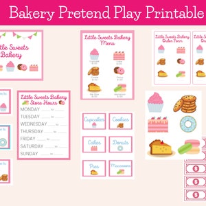 May include: Printable bakery pretend play set with pink and blue accents. Includes signs for a bakery, menu, order forms, store hours, and name tags for manager, baker, and cashier. Also includes images of cupcakes, cookies, cakes, donuts, pies, and macarons.