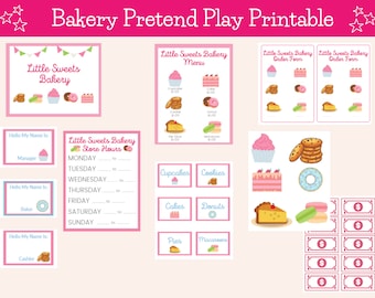 Puede incluir: Conjunto de juego de simulación de panadería imprimible con acentos rosas y azules. Incluye letreros para una panadería, menú, formularios de pedido, horarios de atención y etiquetas de nombre para gerente, panadero y cajero. También incluye imágenes de cupcakes, galletas, pasteles, donas, tartas y macarons.