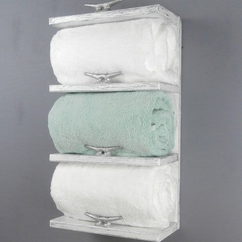 White Hotel Style Towel Rack With Shelf Rustic Boat Cleat Etsy