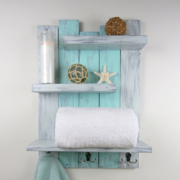 Shabby Teal Distressed Shelves – Reclaimed Wood Bath Shelf With Towel Hooks – Beach Above Toilet Shelves–3 Tier Bathroom Shelves With Hooks