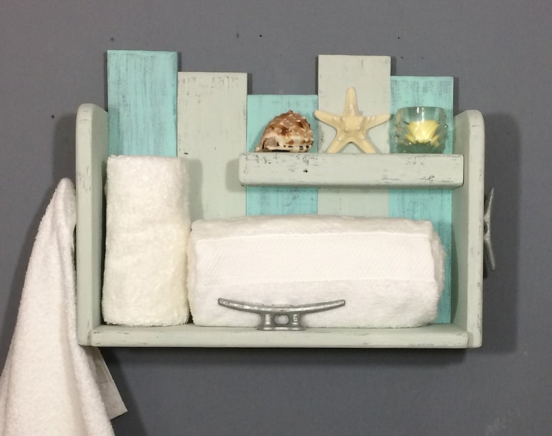 Beach Bathroom Shelf With Hooks Nautical Wall For Essentials Shelving Small