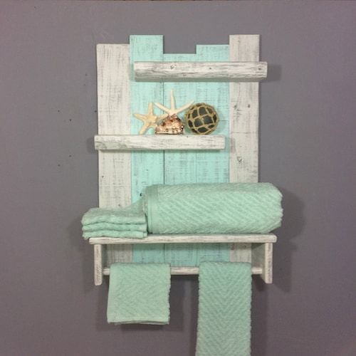 Nautical Shelves With Towel Bar Coastal White Bathroom Shelf Etsy