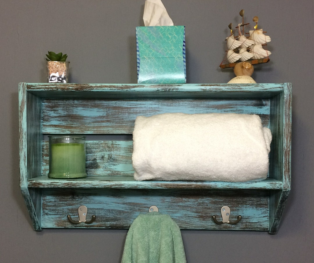 Nautical Bathroom Wall Shelf With Hooks, Bathroom Shelving Unit for