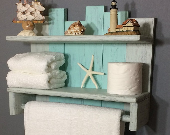 Bathroom Wall Shelf With Towel Bar, Nautical Towel Rack With Rod, Beach