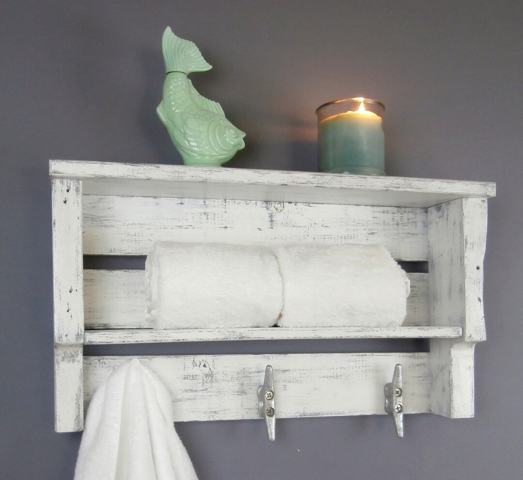 White Beach Shelf With Hooks, Coastal White Bathroom Shelf, Nautical