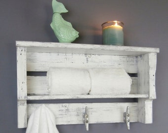 Reclaimed Wood White Bathroom Shelf with Nautical Cleats