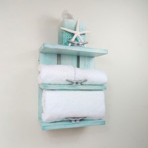 Wooden Beach Wall Decor-Rolled Towel Rack with Boat Cleats-Small Coastal Bathroom Shelves-Wooden Nautical Shelf-Wall Shelves Coastal Design