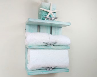 Wooden Beach Wall Decor-Rolled Towel Rack with Boat Cleats-Small Coastal Bathroom Shelves-Wooden Nautical Shelf-Wall Shelves Coastal Design
