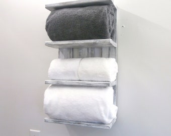 White 4 Tier Bathroom Shelf - Reclaimed Wood Rolled Bath Towel Rack – Coastal Decor Open Shelves – Rustic Bathroom Over The Toilet Storage