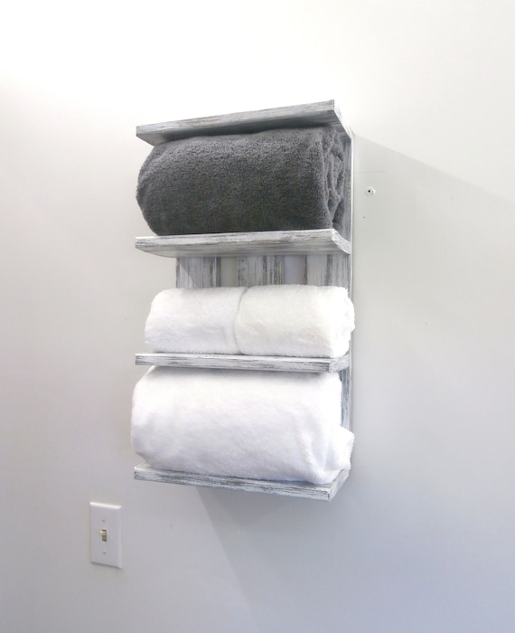 White 4 Tier Bathroom Shelf Reclaimed Wood Rolled Bath Towel - Wood Wall Mounted Towel Rack For Rolled Towels