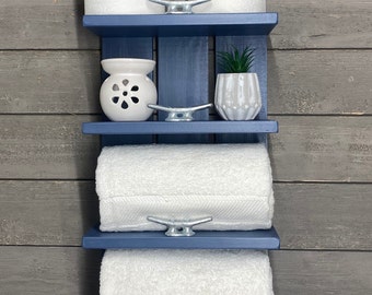 4 Tier Wood Above Toilet Shelves – Nautical Decor Open Shelving–Wood Hotel Style Towel Rack–Coastal Bathroom Shelves With Boat Cleats