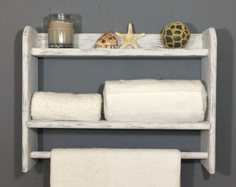 bathroom shelf with towel bar, beach bathroom towel rack, white bathroom shelves for towels, reclaimed wood bathroom storage,