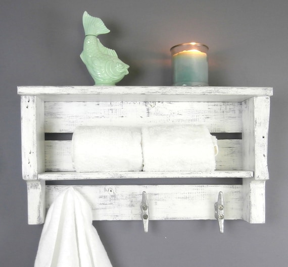 white beach shelf with hooks, coastal white bathroom shelf, nautical shelf  with cleats, bathroom towel shelf, towel hooks, reclaimed wood,