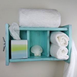 Over The Toilet Shelf For Small Spaces- Beach Decor Rolled Towel Shelf – Small Cubby Wall Shelves – 2 Tier Bathroom Shelving With Hooks –