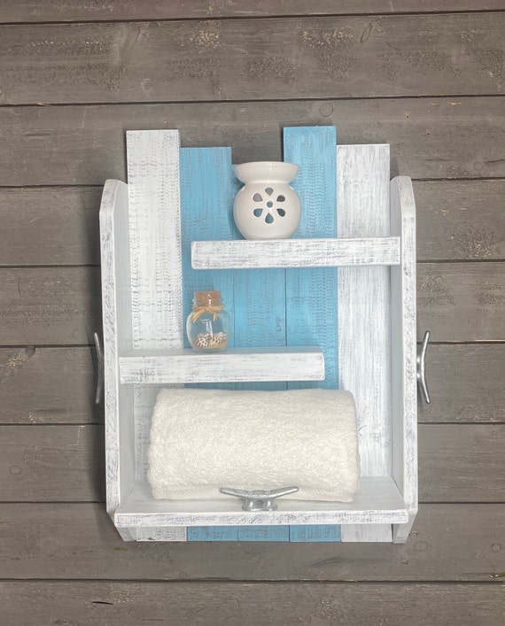 Coastal Shelf With Towel Hooks Bathroom Shelf With Cleats 3 Tier Over the Toilet Shelf Wall Mounted Towel Rack Coastal Bathroom Shelves Etsy