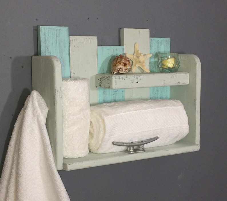 Beach Bathroom Shelf With Hooks Nautical Bathroom Wall Shelf Etsy