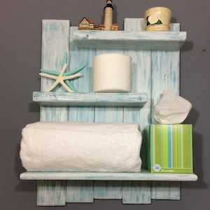 Bathroom shelving, Coastal decor shelf, Aqua stain shelves, Reclaimed pine, Beach shelf, Over toilet shelf, White coastal shelf, White shelf