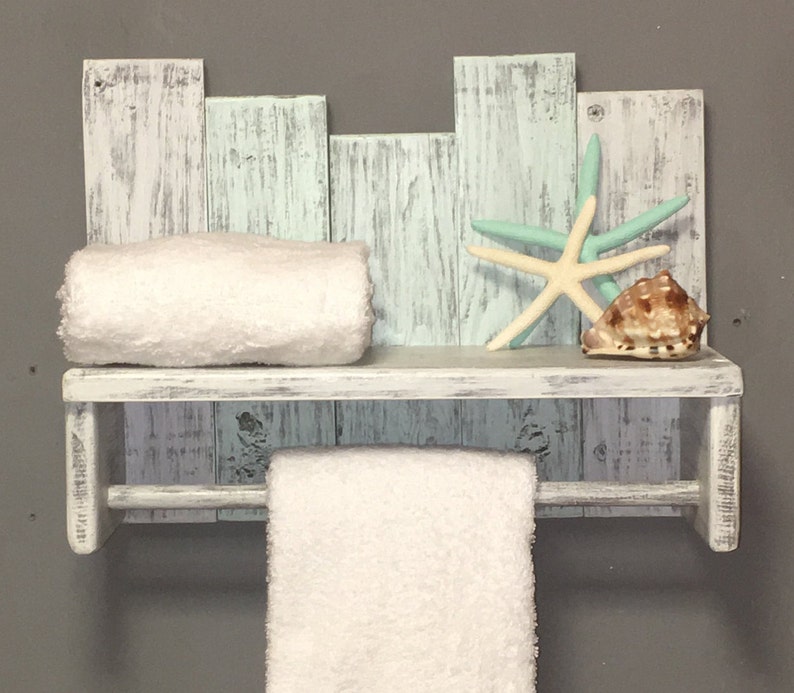 Coastal Bathroom Shelf Nautical Towel Bar Small Beach Wood Etsy