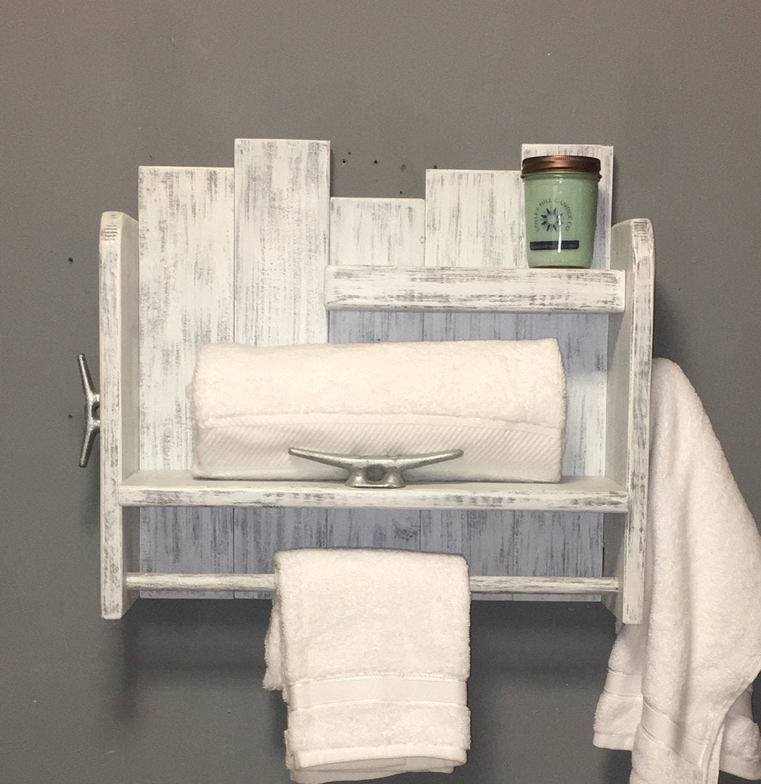 Nautical Shelves With Towel Bar, Coastal White Bathroom Shelf, Shelves