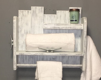nautical shelves with towel bar, coastal white bathroom shelf, shelves with towel rod, towel hooks, bathroom towel storage, reclaimed wood
