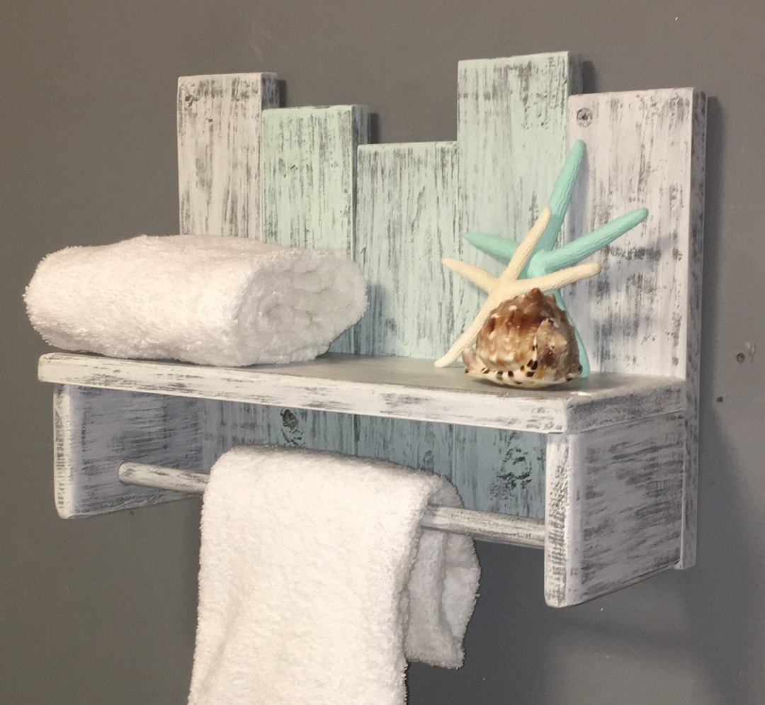 Coastal Bathroom Shelf Nautical Towel Bar Small Beach Wood Etsy