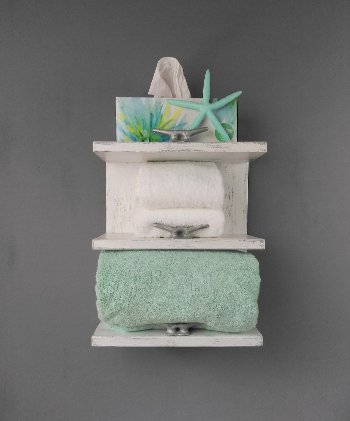 White Hotel Style Towel Rack With Shelf Rustic Boat Cleat Etsy