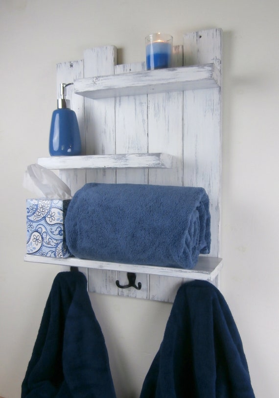 White Shabby Chic Shelf Coastal 3 Tier Bathroom Shelf With Hooks Over Toilet Shelves Rustic Shelf With Coat Hooks Underneath Towel Hooks Etsy