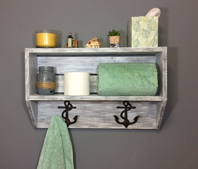 White coastal bathroom shelf bathroom shelf with towel hooks Etsy