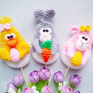 0050 Crochet Pattern - Easter ornament cake topper Chicken Rabbit Sheep - animals table decor  - Amigurumi PDF file by Knittoy Etsy