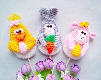 0050 Crochet Pattern - Easter ornament cake topper Chicken Rabbit Sheep - animals table decor  - Amigurumi PDF file by Knittoy Etsy