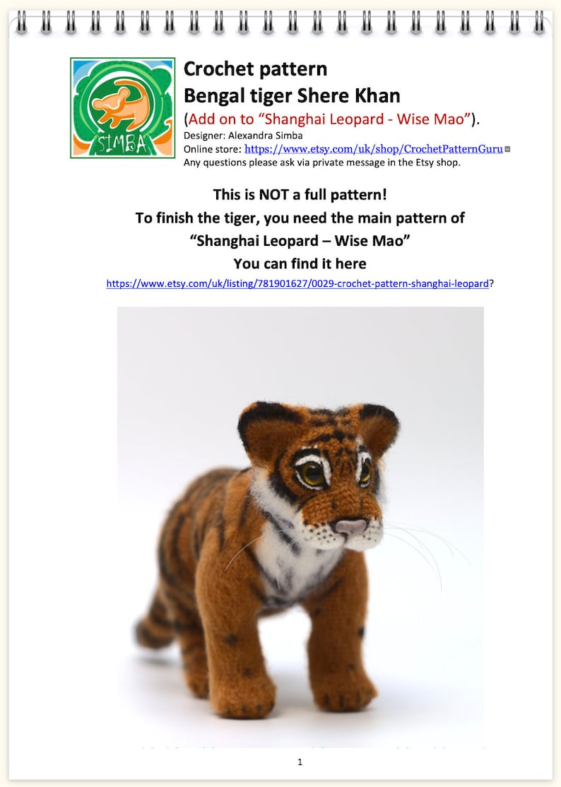 0044 Crochet Pattern Tiger Add on NOT A FULL PATTERN to 0029 Shanghai Leopard Wise Mao pattern Pdf file by Alexandra Simba Etsy image 2