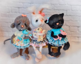 0054 Crochet Pattern - Cat Mouse Rabbit Cute stuffed animal friends with clothes. Easter decor - Pdf file by Julia Ogol Etsy