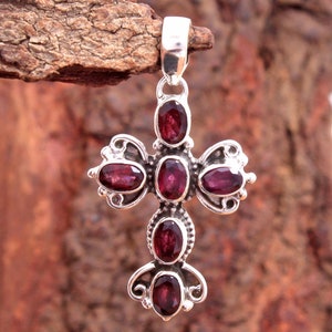 Red Garnet Pendant Cross Silver Pendant 925 Sterling Silver Hand Made Pendant Designer Pendant Jewelry Length 1.5" Multi Gemstone Variation