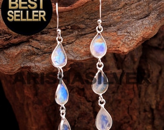 Moonstone Dangle Earrings, 925 Sterling Silver Pear Drop, Handmade Jewelry
