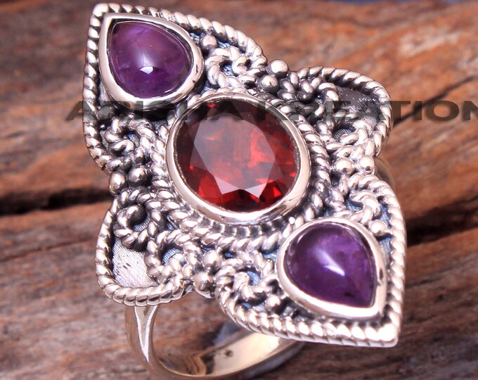 925 Sterling Silver Handmade Designer Ring Jewelry Size US 8 ar6428 Amethyst Red Garnet Oval Pear Shape Gemstone Ring For Easter Gift