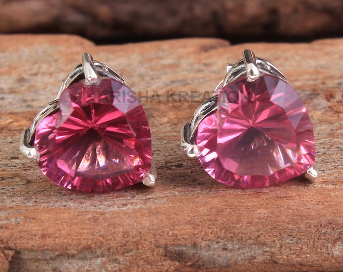 925 Sterling Silver Handmade Designer Stud Jewelry Length 0.3 ae4682 Amazing CZ Pink Topaz Heart Shape Gemstone Earring For Christmas
