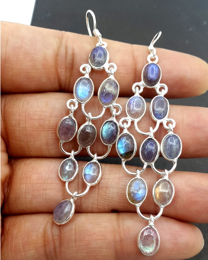 925 Sterling Silver Drop /& Dangle Long Earrings 3 ae0778 SALE !!! Natural Labradorite Oval Gemstone Pretty Long Earring