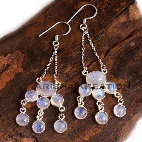 Sterling Silver Round Rainbow Moonstone Dangle Earrings Sterling Silver Round Rainbow Moonstone Dangle Earrings