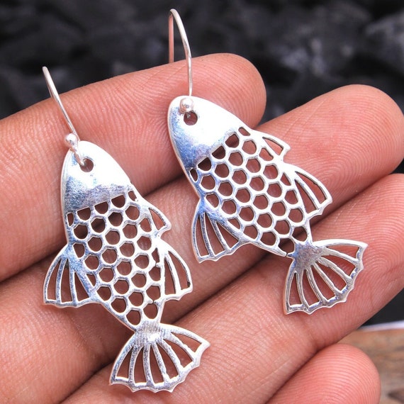 Dangly silver fish earrings - Folksy