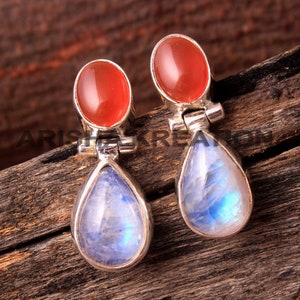 Moonstone Carnelian Gemstone Earring Stud Earring 925 Sterling Silver Earring Handmade Women Jewelry Earring Push Back Stud