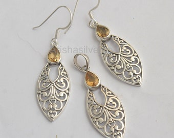 925 Sterling Silver, Natural Citrine Jewelry Set, Women Jewelry, Pendant Earring, Gift For Her, Black Friday Sale, Boho Jewelry