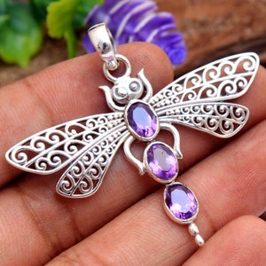 Animal Jewelry, Amethyst Pendant, Dragonfly Pendant, 925 Sterling Silver, Handmade Jewelry