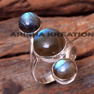 Solid 925 Silver Ring, Labradorite Gemstone Ring, Bezel Ring, Blue Fire Ring, Three Stone Ring, Gift For Her