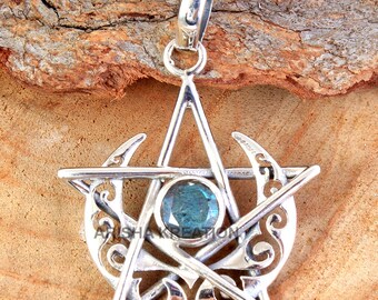 ラブラドライトの月と星の形の宝石ペンダント、ヴィンテージスタイルの