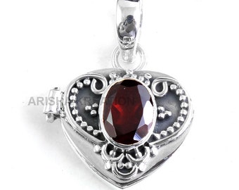 Red Garnet Heart Pendant, 925 Sterling Silver Wish Box, Handmade