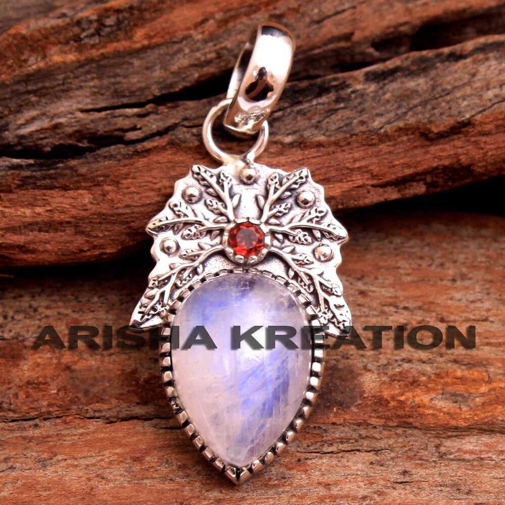 Moonstone Garnet Pear Shape Gemstone Pendant For Valentine's Day Sale - 925 Sterling Silver Designer Pendant Jewelry Length 1.5"- ap5135